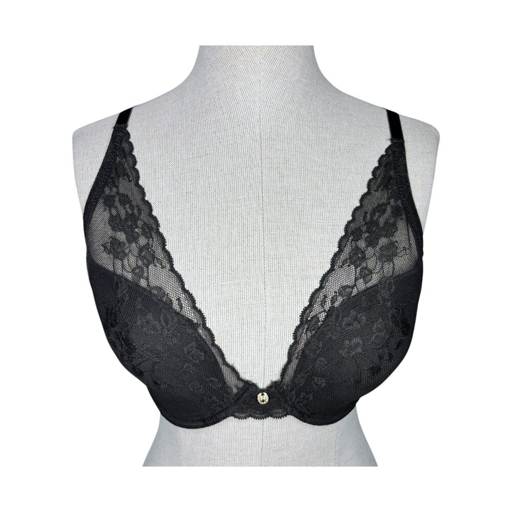 Natori Cherry Blossom Bra sz 34DD * Dark Gray Stretch Lace Convertible Straps
